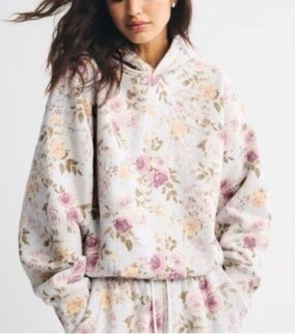 Abercrombie Sunday Hoodie Floral Print Gray Pink Medium